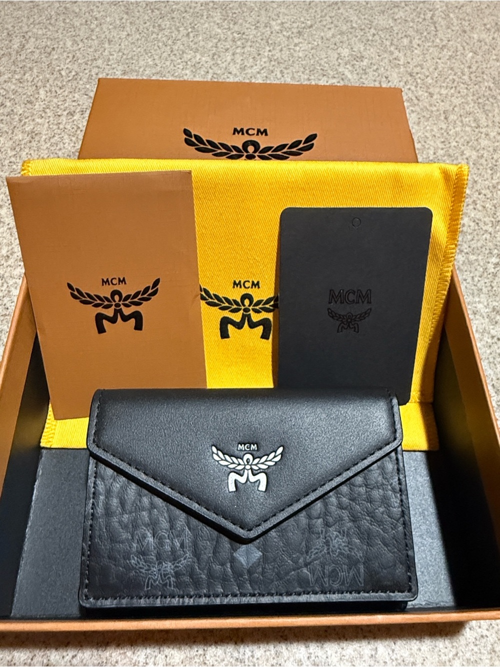 MCM Small Black Aren Visetos Leather Envelope Card Holder NWT